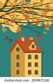 Autumn landscape with yellowed rowan branches, a pair of birds and cute yellow three-storey house on a blue background in flat style. Decorative cartoon vector illustration on a fall theme