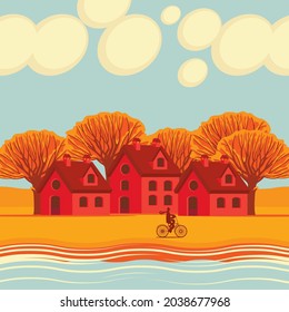 Autumn landscape with yellowed trees, clouds in the blue sky, cute red houses and a passing cyclist on the riverbank. Decorative vector illustration in fall yellow and orange colors in a cartoon style