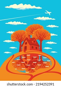 Autumn landscape with yellowed trees, clouds in the sky, a cute colorful house and a small lake. Airplane in the sky. Decorative vector illustration in autumn yellow and orange colors in cartoon style