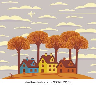 Autumn landscape with yellowed trees, cute colored houses on an orange hill and flying plane in a cloudy sky. Decorative fall vector illustration in cartoon style