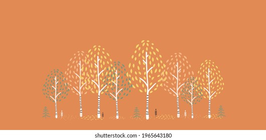 Autumn landscape.A row of birch trees on an orange background.Vector illustration.