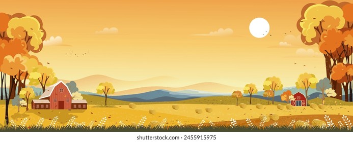 Autumn landscape,cloud,yellow sunset sky background,Vector cartoon Sunrise in fall season with forest maple tree in orange foliage,Nature flowers farm field,Concept for Harvest festival,Thankgiving