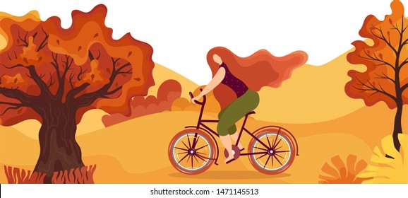 Autumn landscape.Cyclist in the park.Panoramic of countryside landscape with cyclist,oak,maple.Cartoon yellow orange fall tree and autumnal garden bush