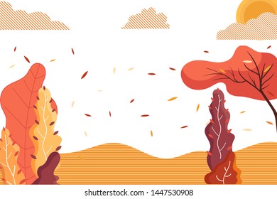 Autumn landscape.Forest countryside.Vector illustration of horizontal banner of flat park background.Trees and foliage  - for autumn banners for web