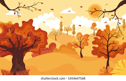 Paisaje otoñal.Panorámica del paisaje rural con roble.Árbol de naranja amarillo caricatura e icono del arbusto de jardín otoñal con hojas de oro de temporada otoño para el parque de la ciudad y el bosque.