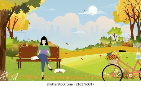 Autumn landscapes city park with woman sitting on bench reading a book in the morning,Vector cartoon fall season in the garden with clouds orange, blue sky and clouds background