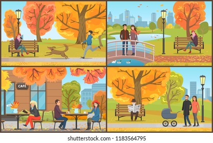 Autumn landscapes and city, town building and skyscrapers, autumnal set vector. Walking dog and reading paper, feeding geese. Couple pushing pram