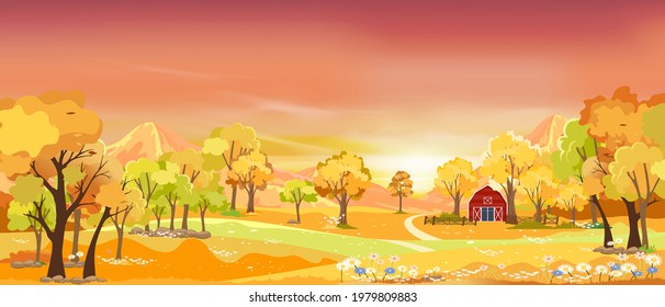 Autumn landscapes of Countryside in evening Sunset with Orange and Pink sky,Morning Mid autumn in farm field with mountain, wild grass and leaves falling in orange foliage. Wonderland in fall season 