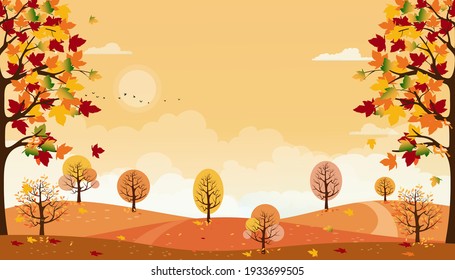 Autumn landscapes of Countryside with orange sky,Panoramic of mid autumn with farm field, mountains, leaves falling from trees in orange foliage. Wonderland in fall season background