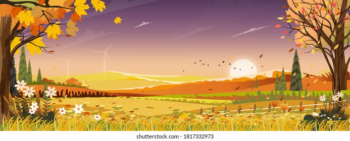 Autumn landscapes of Countryside with sunset and purple sky,Panoramic of mid autumn with farm field, mountains, wild grass and leaves falling from trees in orange foliage. Wonderland in fall season