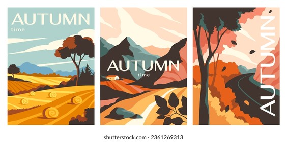 Autumn landscapes posters set. Colorful banners or covers with orange field and plants, mountains and road, fall leaves and foliage. Cartoon flat vector collection isolated on white background