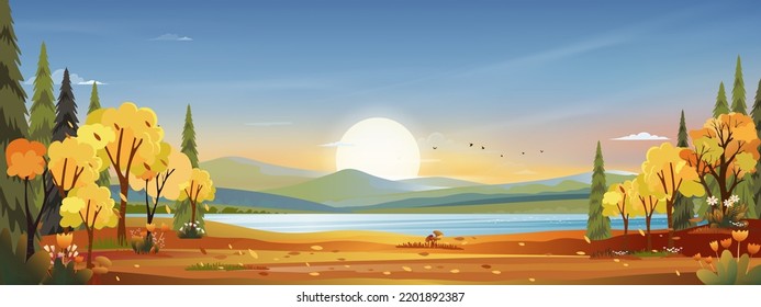 Autumn landscapes with sunset by the river in Countryside,Vector Panoramic of fall forest with farm field, mountains with leaves falling from tree in yellow,orange foliage. Autumnal Wonderland concept