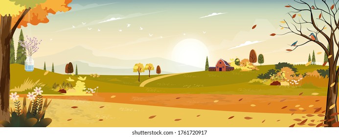 Autumn landscaps with fram fields wooden barn and grass land in hills, Natural foliage background in fall seson with beatiful panoramic view with sunset behind montains and leaves falling from tree 