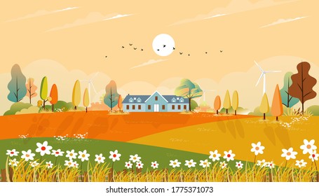 Autumn landscaps with fram house and grass land on hills, Natural foliage background in fall seson with beatiful panoramic countryside in sunny day morning.