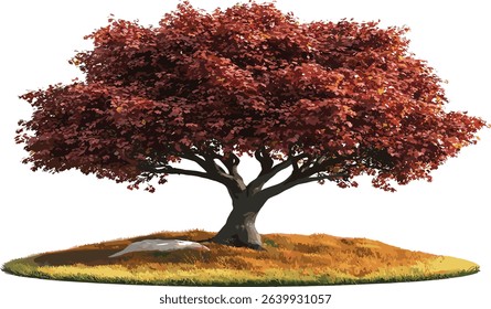 Autumn large tree vector composition design, green grass, transparent background, seasonal nature, fall leaves, outdoor landscape, tree cutout, eco background, natural design