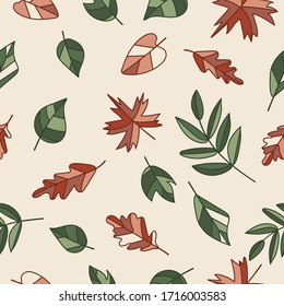 Autumn, late summer tree leaves. Plant forest leaf seamless pattern. Green, orange ornament. Eco style decoration. Floristic element. Botanic texture.