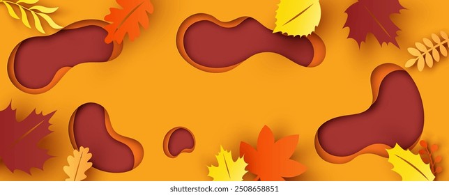 Autumn layer paper carve with leaves background. Autumn background. paper cut and craft style. vector, illustration.