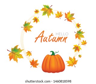 Autumn layout composition frame of leaves and pumpkin on white background. Flat lay. Copy space. Halloween concept.