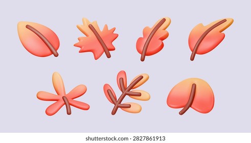 Autumn leaf 3D icon set with colorful fall foliage in soft glossy style on pastel background