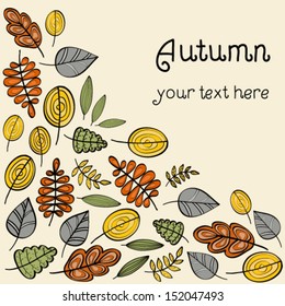 Autumn leaf background. Vector card with autumn leaves. Beautiful vintage frame.Color doodle background 