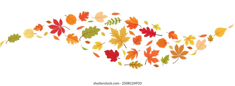 Autumn leaf border.Wave of falling leaves.Leaf fall.Autumn flying leaves.Watercolor leaves in the wind.Autumn leaves seamless border.