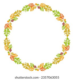 Autumn leaf circle frame. Leaves stamp print round decor. Grunge folage imprints border. Ink floral texture. Objects isolated on white. Watercilor vector illustration.