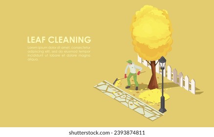 Autumn leaf cleaning, fall clean up, garbage season. Concept of urban gardening, raking leaves. Environment pollution. Yellow background. Isometric vector illustration