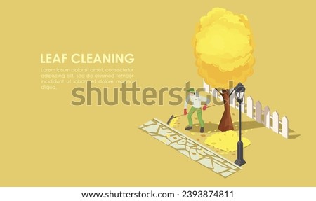Autumn leaf cleaning, fall clean up, garbage season. Concept of urban gardening, raking leaves. Environment pollution. Yellow background. Isometric vector illustration
