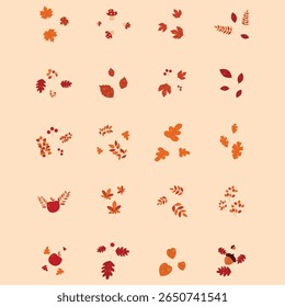 Clusters de folhas de outono - Conjunto de ilustrações planas desenhadas à mão