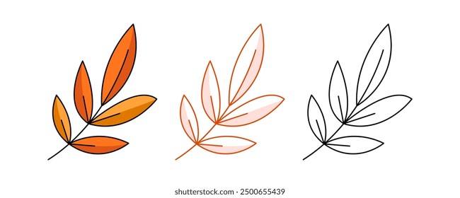 Autumn leaf, colorful and line icon set. Red orange leaves, fall seasonal concept, vector flat outline icon, monochrome and color illustration. For logo, sticker, coloring book, label