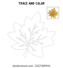 Autumn leaf coloring pages for kids. Trace and color autumn leaf. Leaf line art vector for coloring books. Kindergarten and preschool worksheets printable for kids. Bright Autumn Leaf.