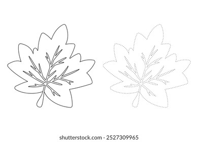 Autumn leaf coloring pages for kids. Trace and color autumn leaf. Leaf line art vector for coloring books. Kindergarten and preschool worksheets printable for kids. Bright Autumn Leaf.