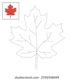 Autumn leaf coloring pages for kids. Trace and color autumn leaf. Maple leaf coloring page. Kindergarten and preschool worksheets printable for kids. Bright Autumn Leaf. Maple leaves clipart, icon.