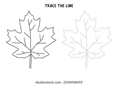 Autumn leaf coloring pages for kids. Trace and color autumn leaf. Maple leaf coloring page. Kindergarten and preschool worksheets printable for kids. Bright Autumn Leaf. Maple leaves clipart, icon.