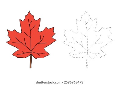 Autumn leaf coloring pages for kids. Trace and color autumn leaf. Maple leaf coloring page. Kindergarten and preschool worksheets printable for kids. Bright Autumn Leaf. Maple leaves clipart, icon.