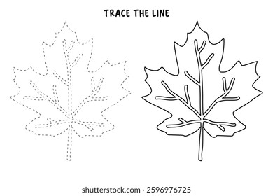 Autumn leaf coloring pages for kids. Trace and color autumn leaf. Maple leaf coloring page. Kindergarten and preschool worksheets printable for kids. Bright Autumn Leaf. Maple leaves clipart, icon.