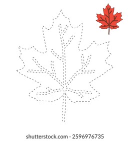 Autumn leaf coloring pages for kids. Trace and color autumn leaf. Maple leaf coloring page. Kindergarten and preschool worksheets printable for kids. Bright Autumn Leaf. Maple leaves clipart, icon.