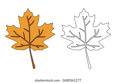 Autumn leaf coloring pages for kids. Trace and color autumn leaf. Maple leaf coloring page. Kindergarten and preschool worksheets printable for kids. Bright Autumn Leaf. Maple leaves clipart, icon.