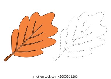 Autumn leaf coloring pages for kids. Trace and color autumn leaf. Maple leaf coloring page. Kindergarten and preschool worksheets printable for kids. Bright Autumn Leaf. Maple leaves clipart, icon.