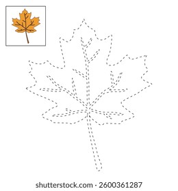 Autumn leaf coloring pages for kids. Trace and color autumn leaf. Maple leaf coloring page. Kindergarten and preschool worksheets printable for kids. Bright Autumn Leaf. Maple leaves clipart, icon.