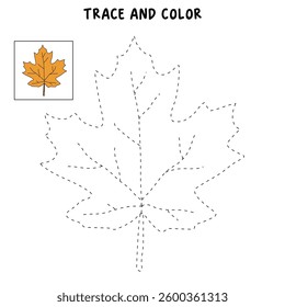 Autumn leaf coloring pages for kids. Trace and color autumn leaf. Maple leaf coloring page. Kindergarten and preschool worksheets printable for kids. Bright Autumn Leaf. Maple leaves clipart, icon.