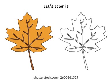 Autumn leaf coloring pages for kids. Trace and color autumn leaf. Maple leaf coloring page. Kindergarten and preschool worksheets printable for kids. Bright Autumn Leaf. Maple leaves clipart, icon.