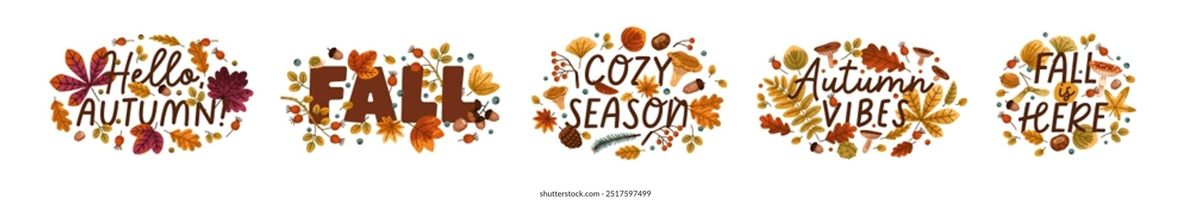 Autumn leaf designs set with leaves pattern, forest foliage and seasonal message. Circle frames, natural decorations with fall botanical elements. Flat vector illustration isolated on white background