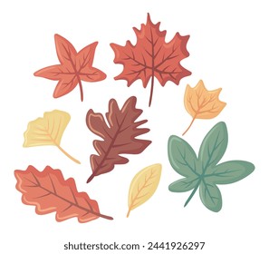 Autumn Leaf Downfall Elements Set Flat Doodle