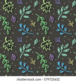 Autumn leaf fall amid first snow. Seamless hand drawn pattern.