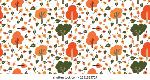 Autumn leaf fall, bright red, green, yellow and green trees and flat leaves. Vector seamless pattern on white background. Bright autumn print.