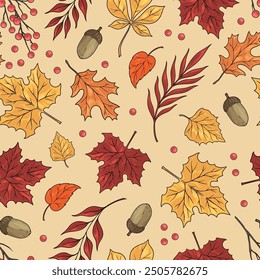 Autumn leaf fall colorful seamless pattern with tree petals and acorns for clothing design in eco-friendly style vector illustration