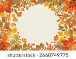 Autumn Leaf Fall cute Background. Frame with leaves, branches and berries pattern. Vector colorful hand drawn illustration with texture 