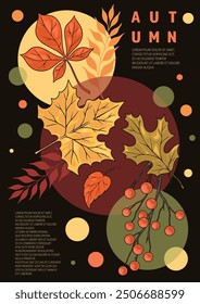Autumn leaf fall detailed flyer colorful tree petals and dry twig with berries near space for small text vector illustration
