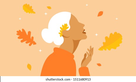 Autumn leaf fall. Girl and falling autumn leaves. Abstract woman with white hair and in warm clothes. The concept of walking in the park, meditation and pleasure.